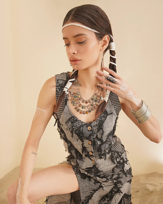 Grey & Black Patchwork Tribal Short Vest Button Top