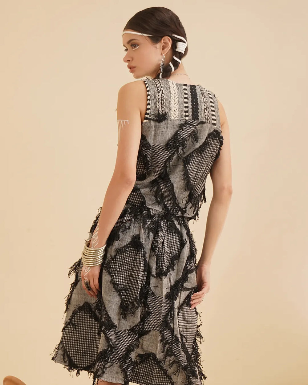 Grey & Black Patchwork Tribal Short Vest Button Top