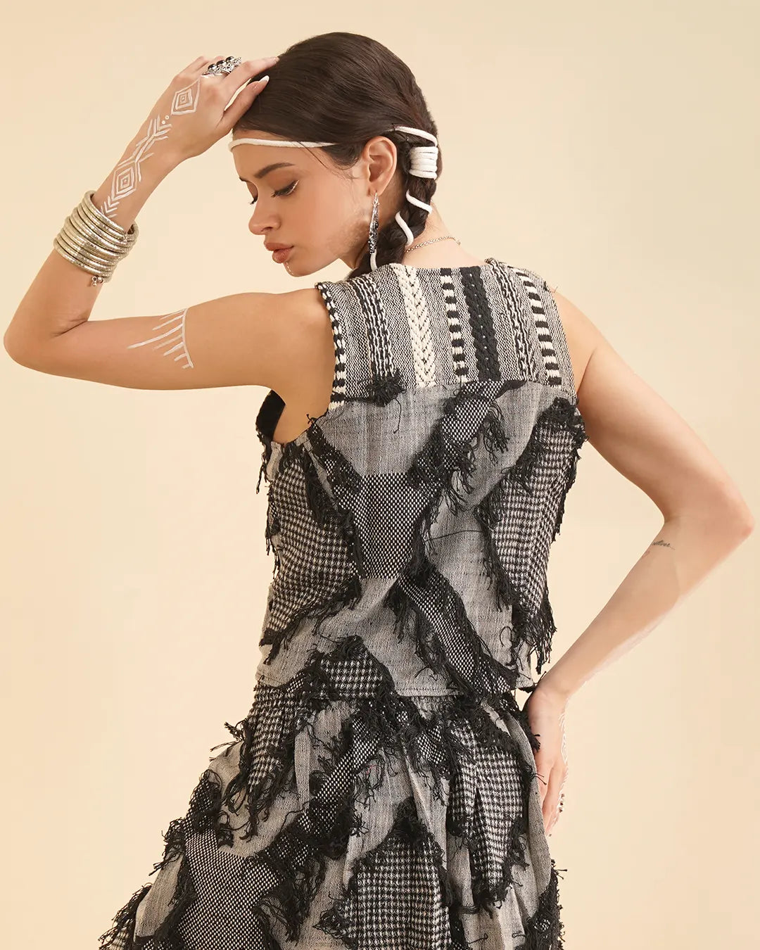 Grey & Black Patchwork Tribal Short Vest Button Top