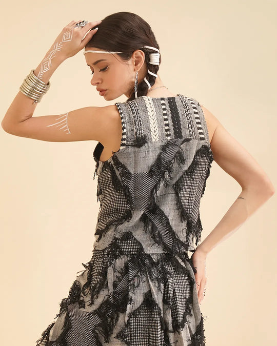 Grey & Black Patchwork Tribal Short Vest Button Top