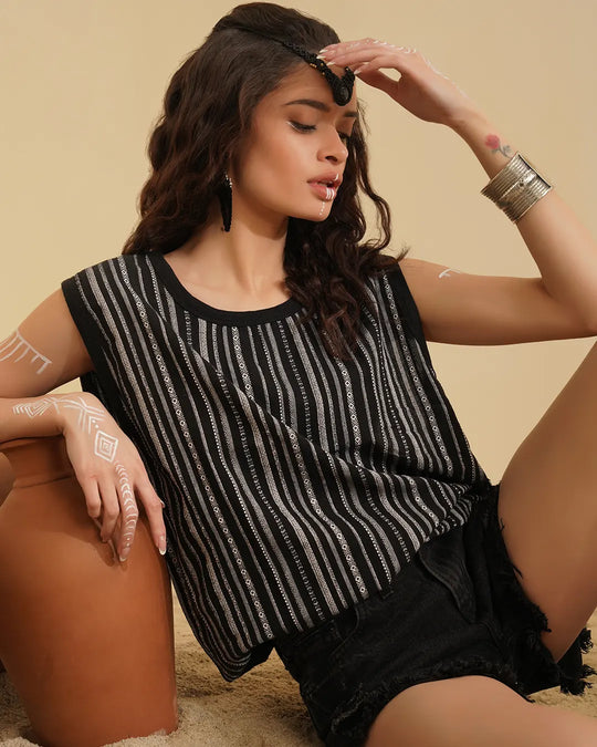 Metina Black & White Stripe Vest Top for Women