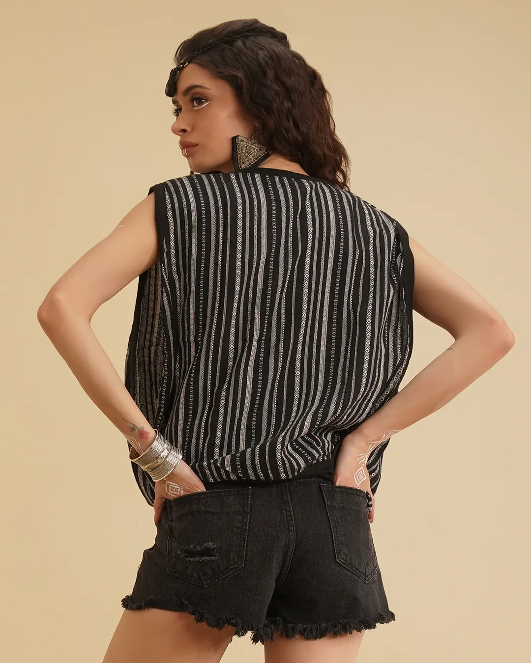 Metina Black & White Stripe Vest Top for Women