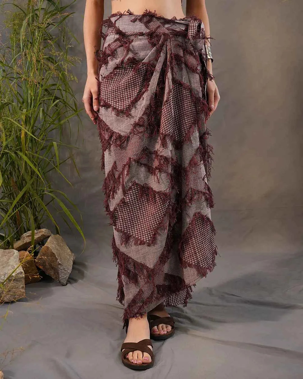 White & Dull Magenta Wrap-Round Long Skirt