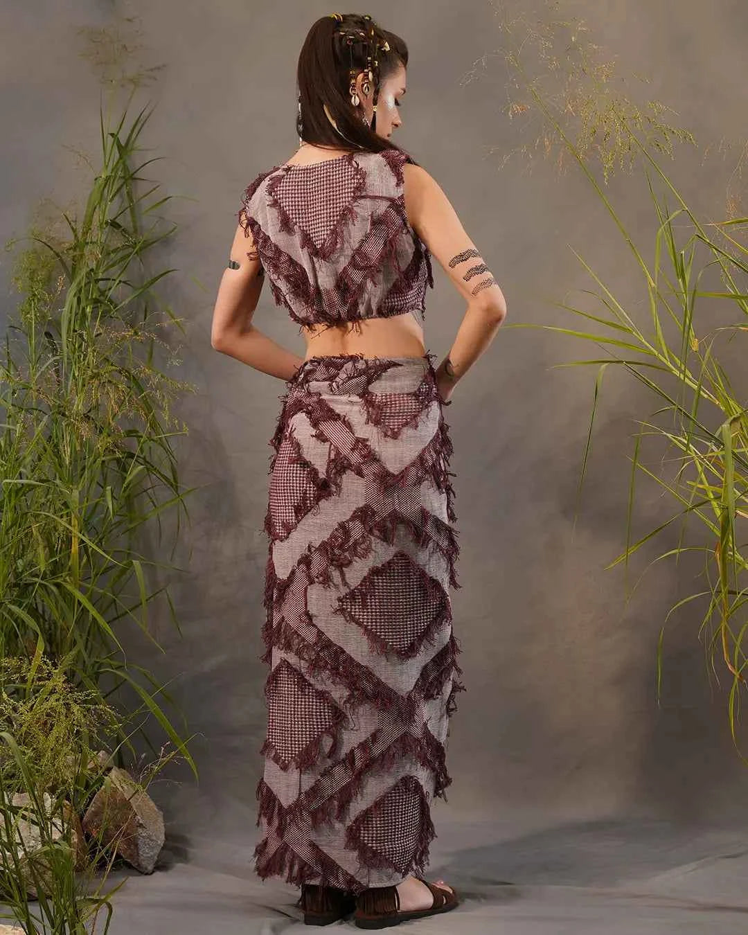 White & Dull Magenta Wrap-Round Long Skirt