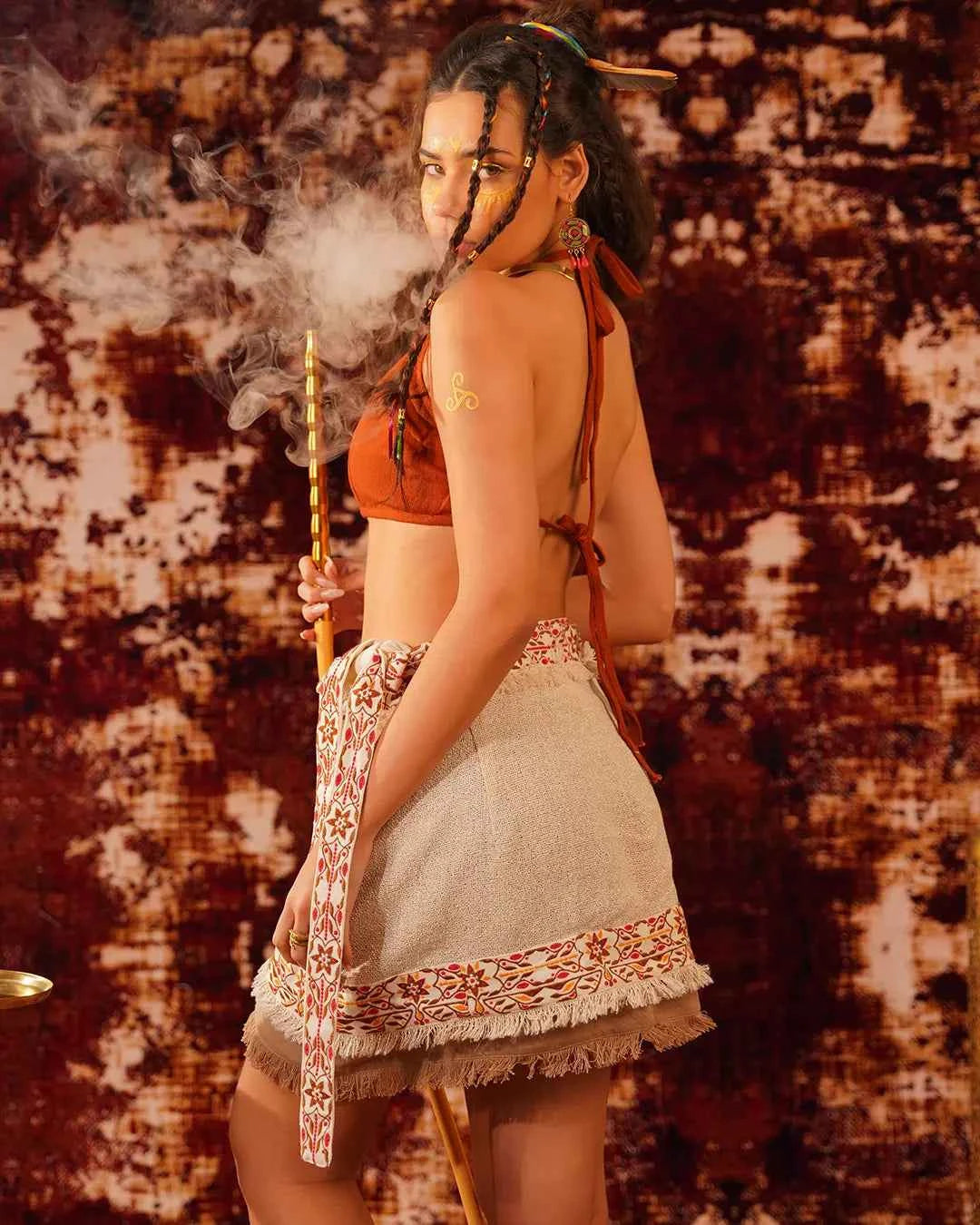 Natural Fabric Embroidery Print | Wrap Mini Festival Skirt