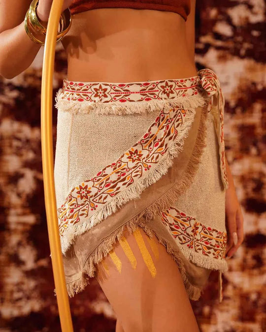 Natural Fabric Embroidery Print | Wrap Mini Festival Skirt
