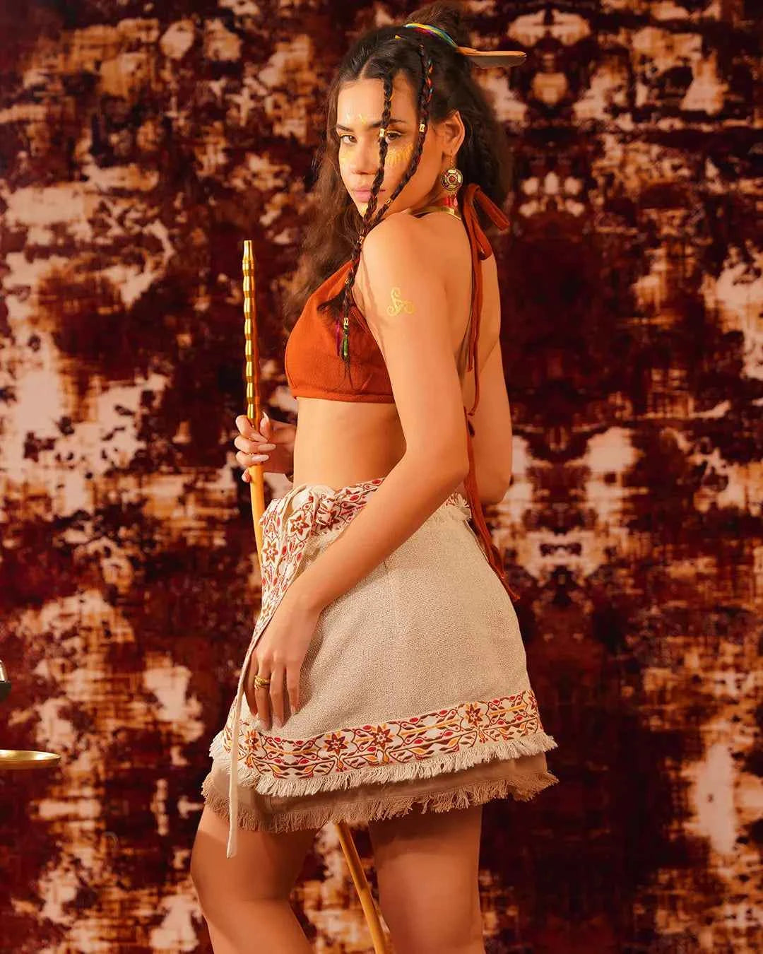 Natural Fabric Embroidery Print | Wrap Mini Festival Skirt