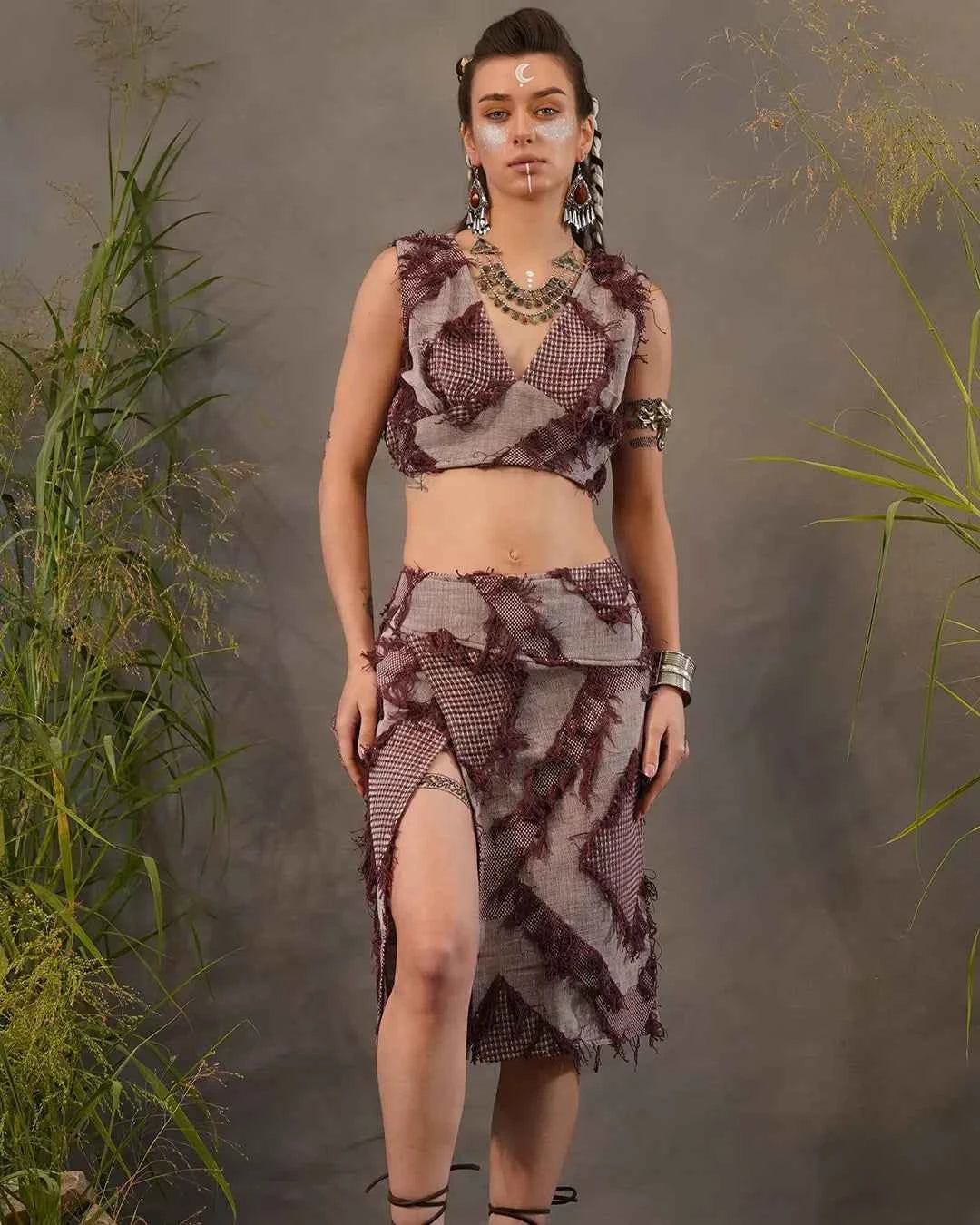 Tribal Cotton Short Wrap Skirt Dull Magenta & Silver Grey