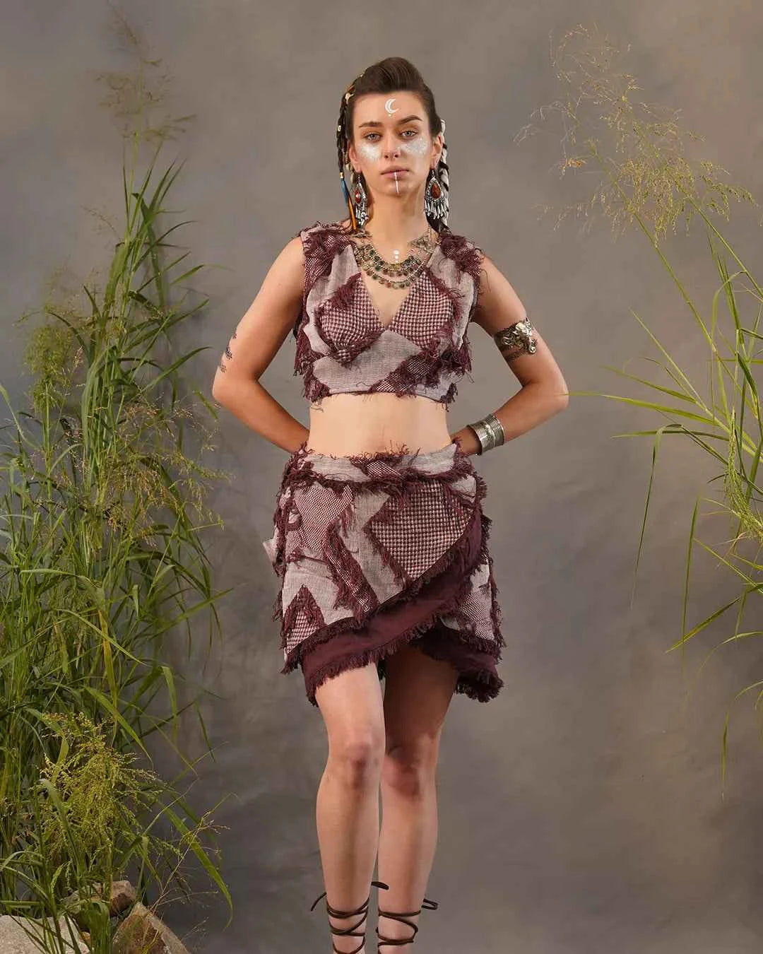 Dull Magenta & Sliver Grey Wrap Mini Festival Skirt