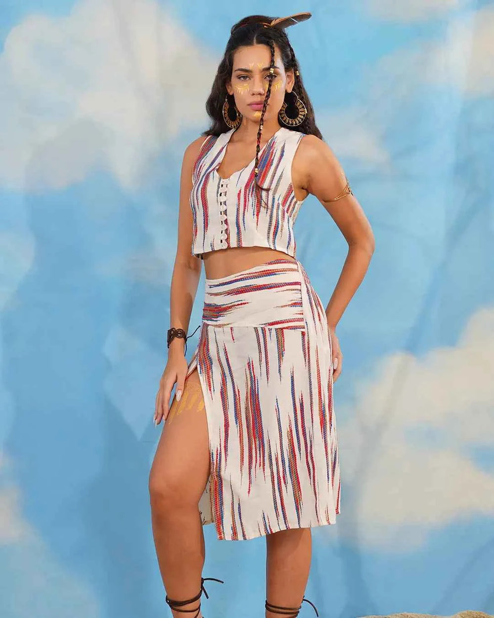 Blue Red & Brown Tribal Marta – Slit Open Wrap Skirt