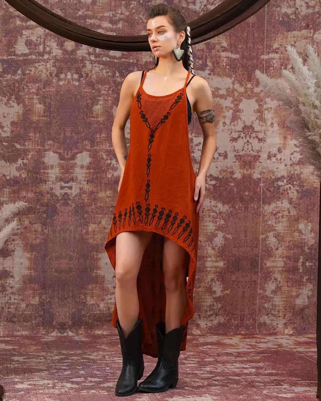 Rust Tribal Print High Low Dress – Asymmetric Festival Dress