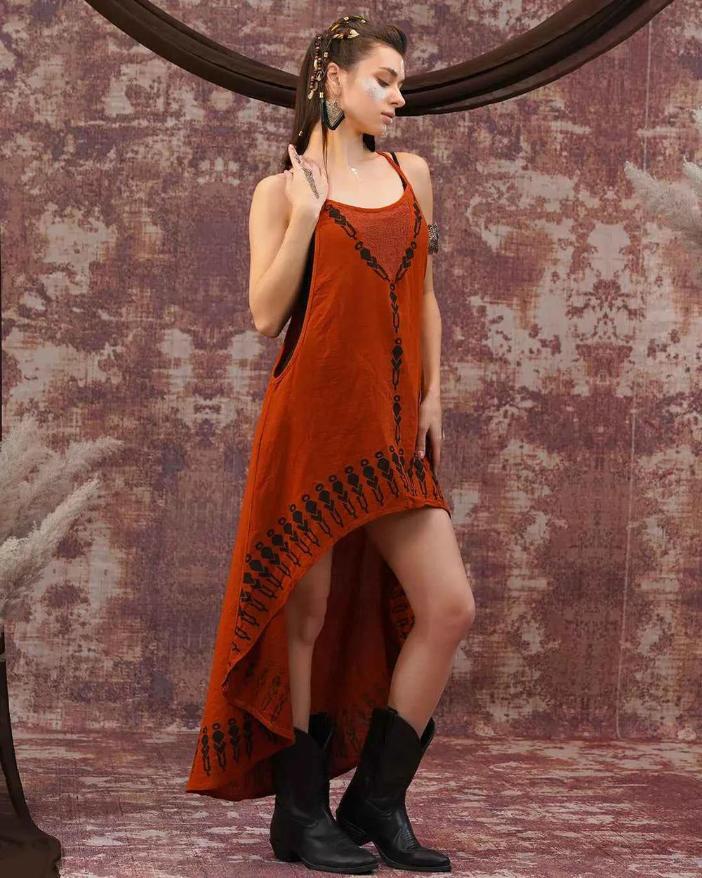 Rust Tribal Print High Low Dress – Asymmetric Festival Dress
