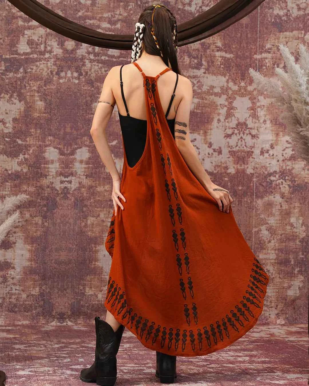 Rust Tribal Print High Low Dress – Asymmetric Festival Dress