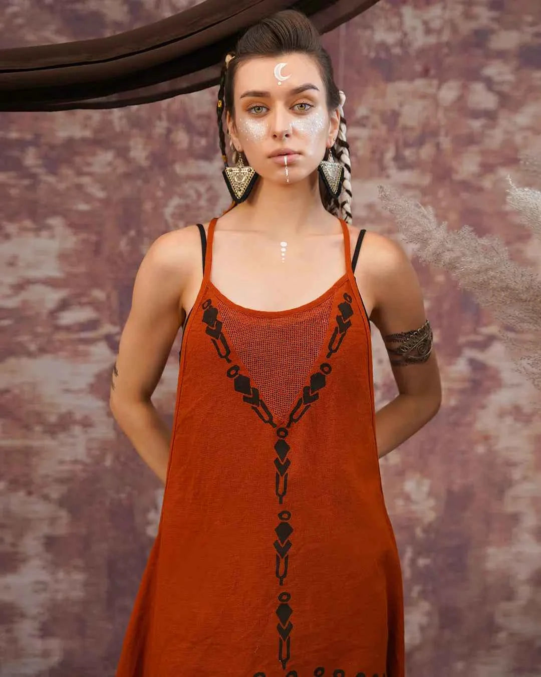 Rust Tribal Print High Low Dress – Asymmetric Festival Dress
