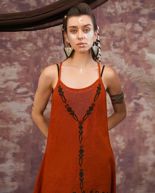 Rust Tribal Print High Low Dress – Asymmetric Festival Dress