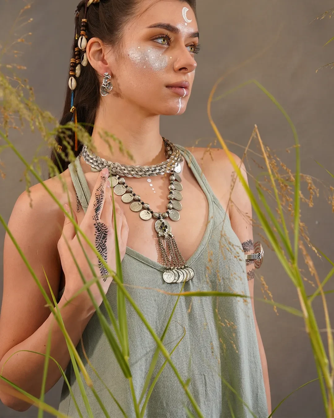 Sage Green Leaf Print High Low Dress – Nature Flow Asymmetric Dress