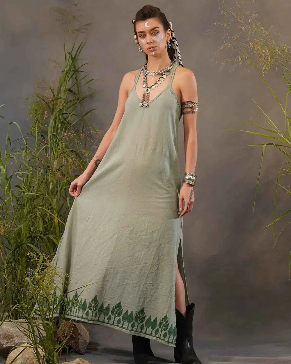 Sage Green Leaf Print High Low Dress – Nature Flow Asymmetric Dress