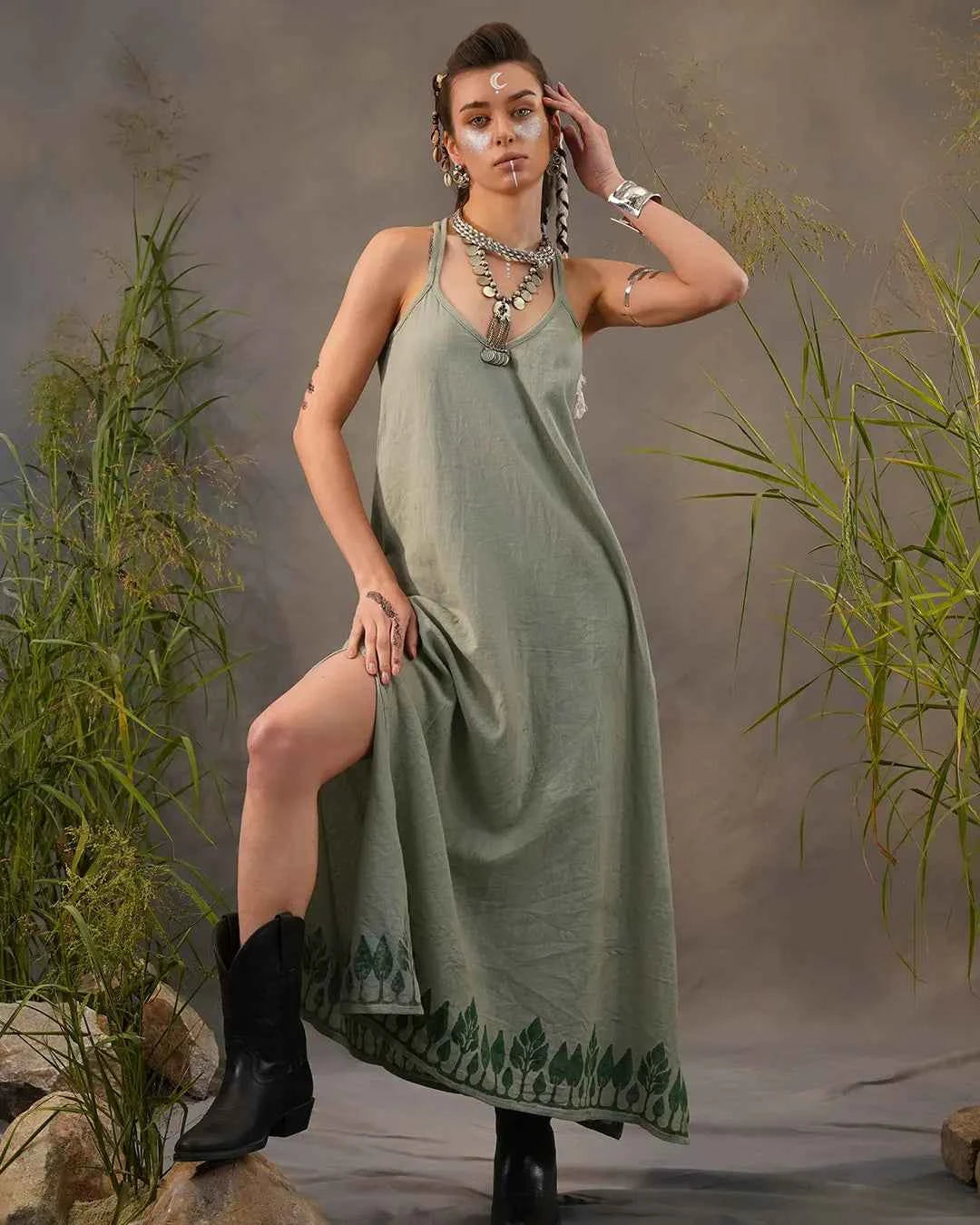 Sage Green Leaf Print High Low Dress – Nature Flow Asymmetric Dress