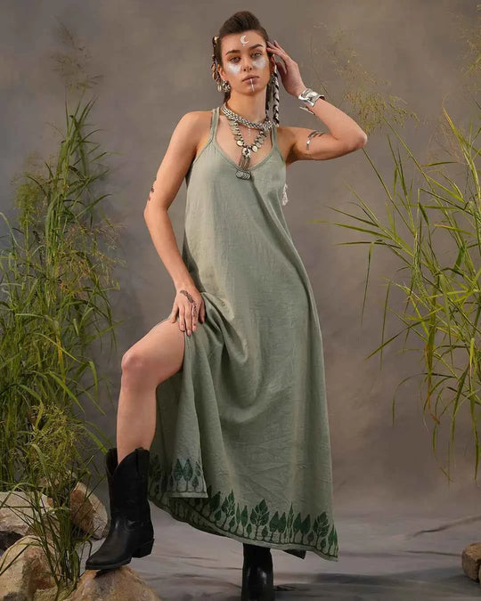Sage Green Leaf Print High Low Dress – Nature Flow Asymmetric Dress