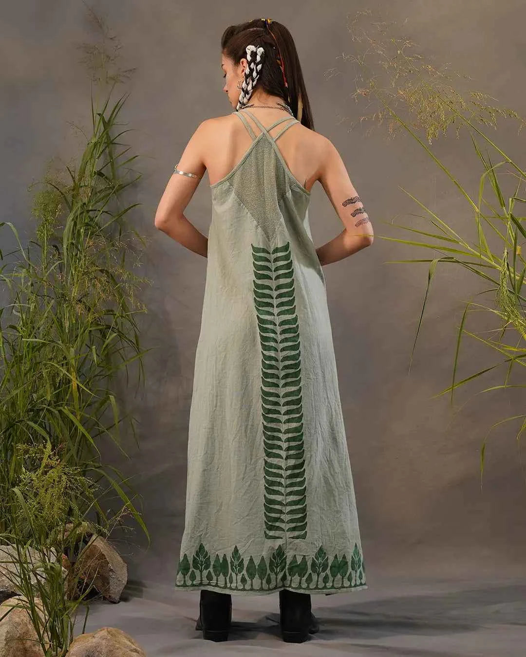 Sage Green Leaf Print High Low Dress – Nature Flow Asymmetric Dress