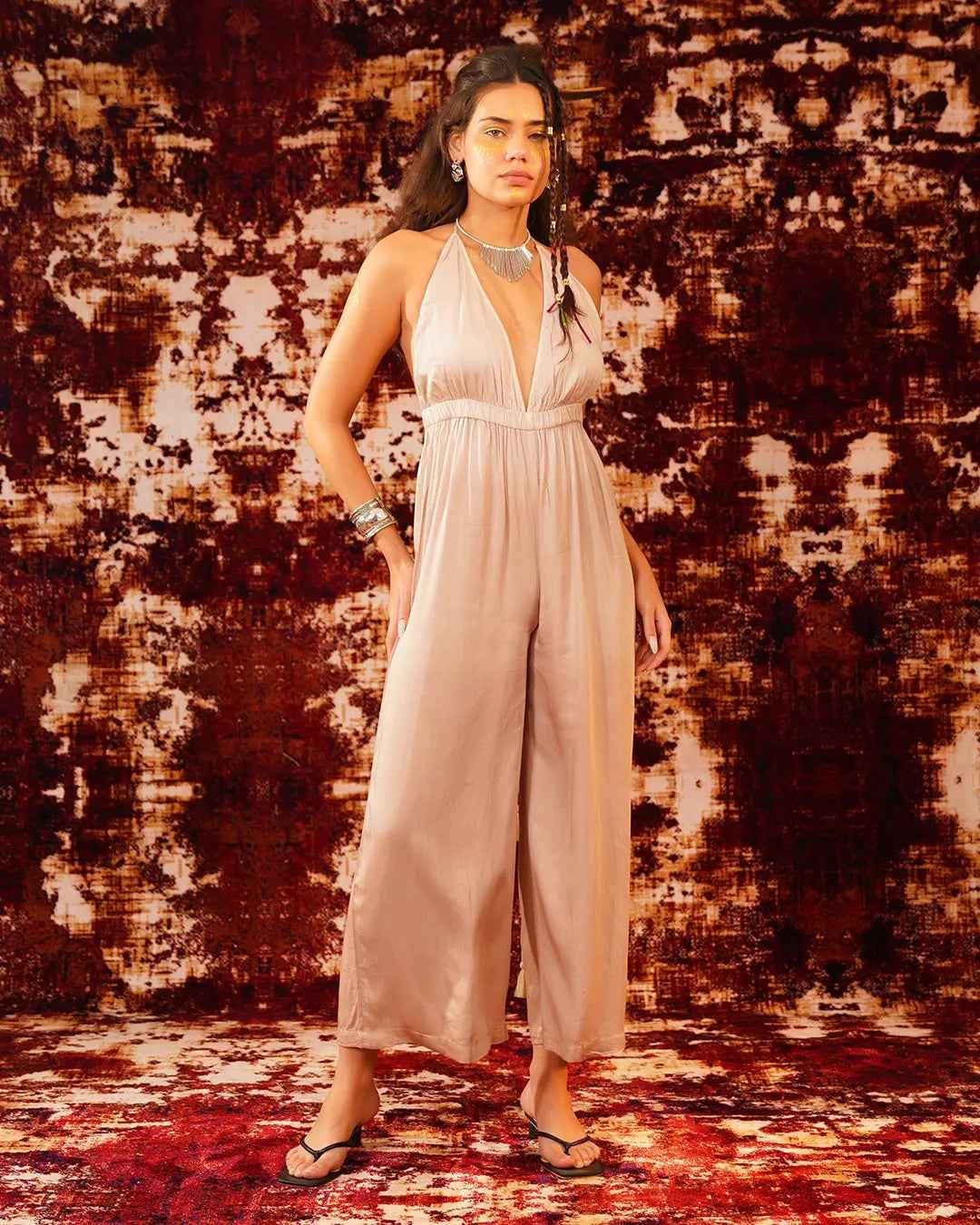 Sand Beige Open Back Jumpsuit