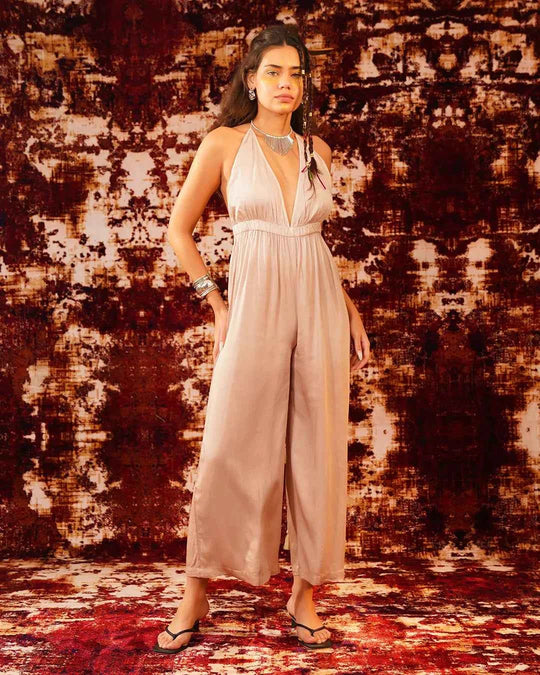 Sand Beige Open Back Jumpsuit