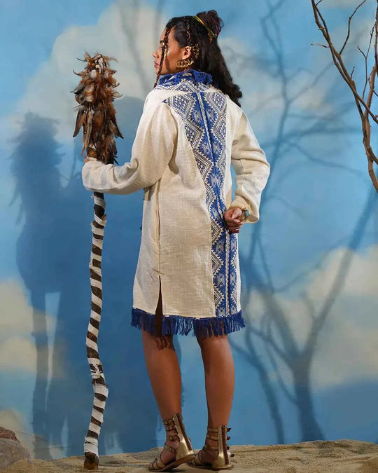 White Blue Tribal Print Short Jacket for Women