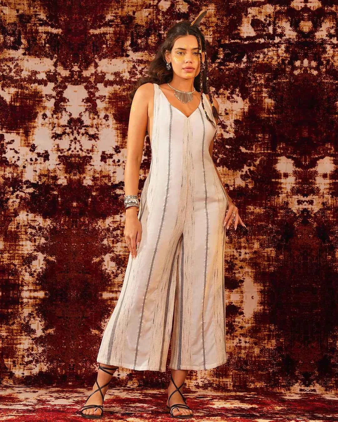 White Black Grey Boho Tribal Jumpsuit