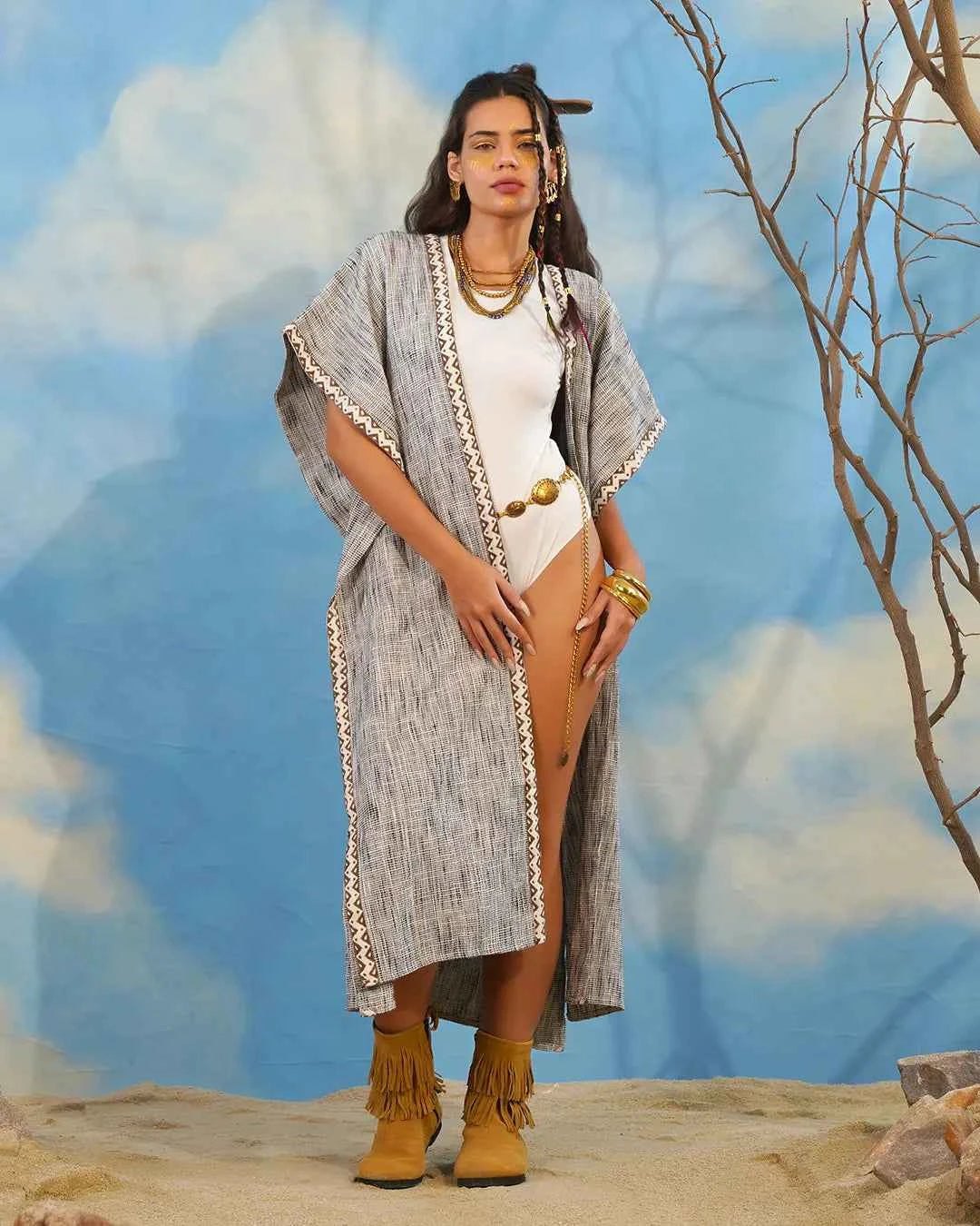 White & Black Check Open Kaftan