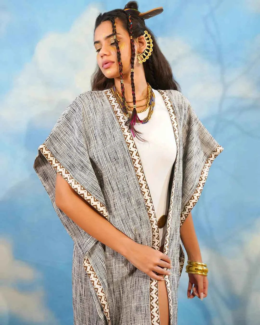 White &amp; Black Check Open Kaftan