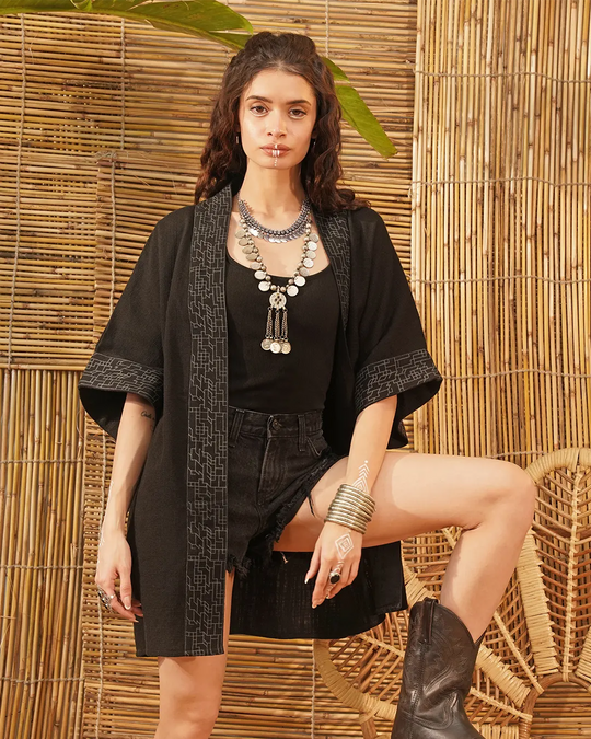 Black Boho Geometric Print Kimono | Festival Clothing