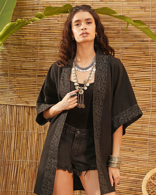 Black Boho Geometric Print Kimono | Festival Clothing