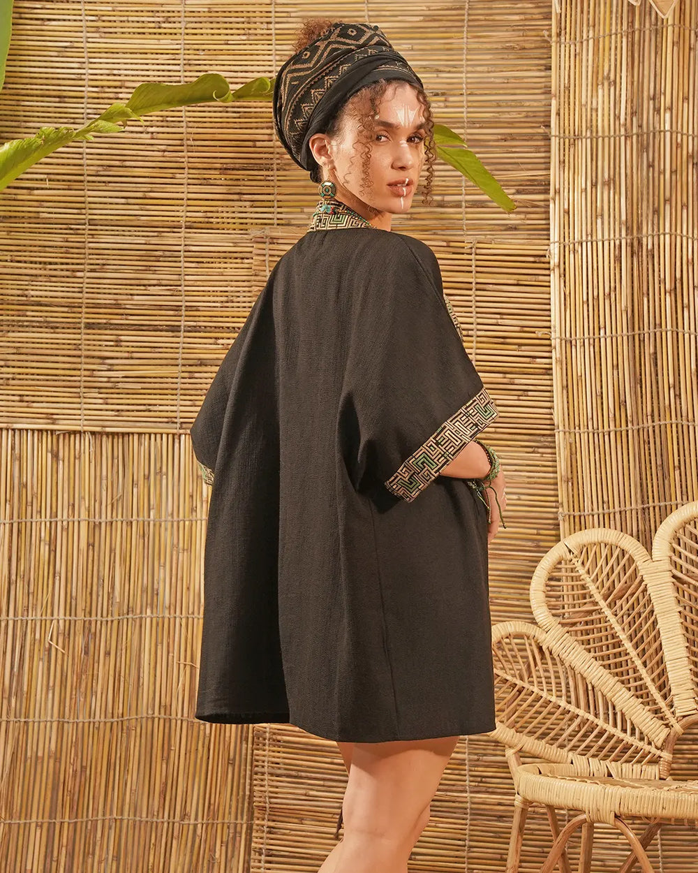 Black Shipibo Pattern Boho Kimono | Festival Clothing
