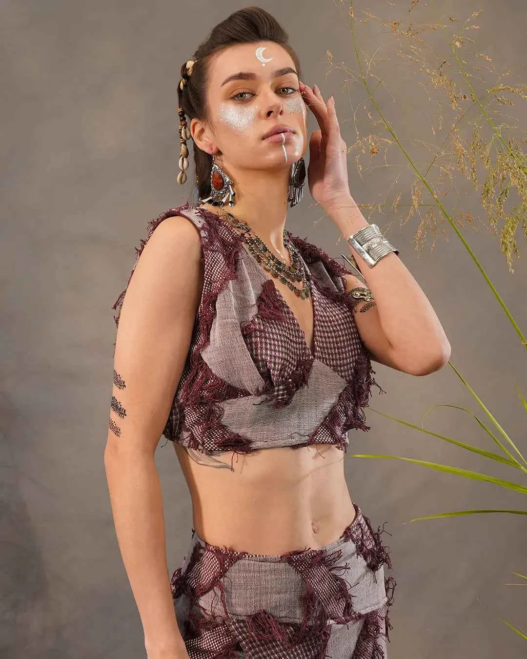 White & Dull Magenta Patchwork Elastic Vest Top