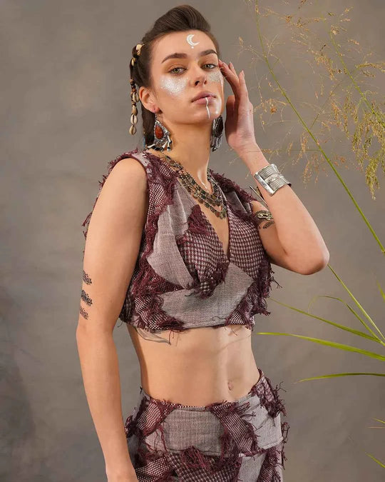 White &amp; Dull Magenta Patchwork Elastic Vest Top