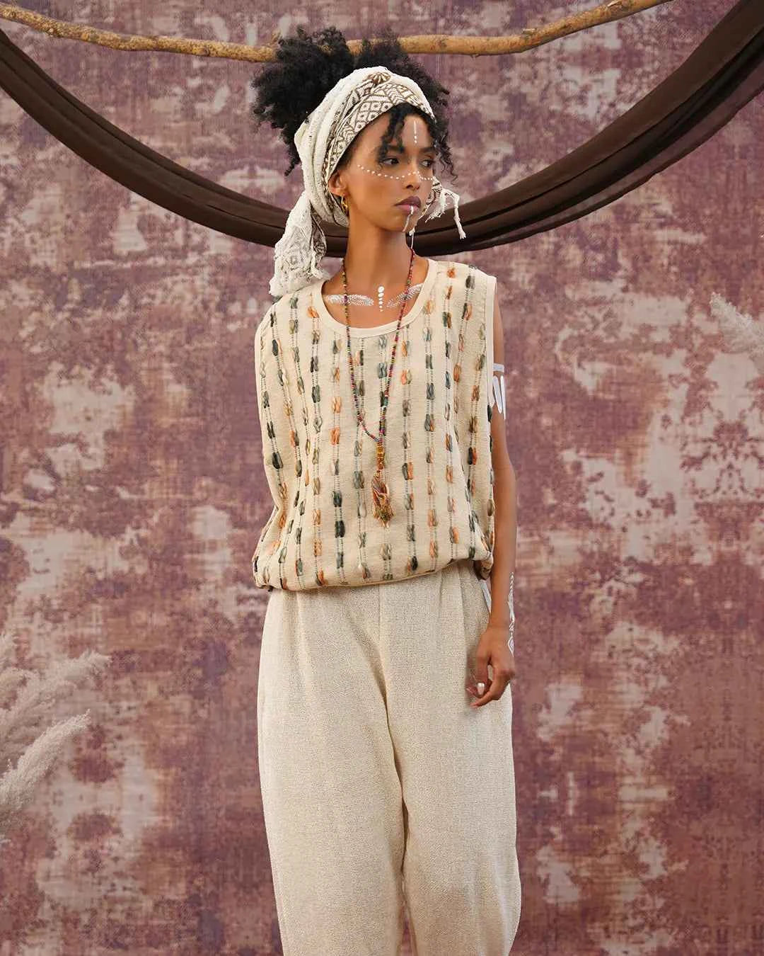 Brown Green & White Stripe Metina Vest Top
