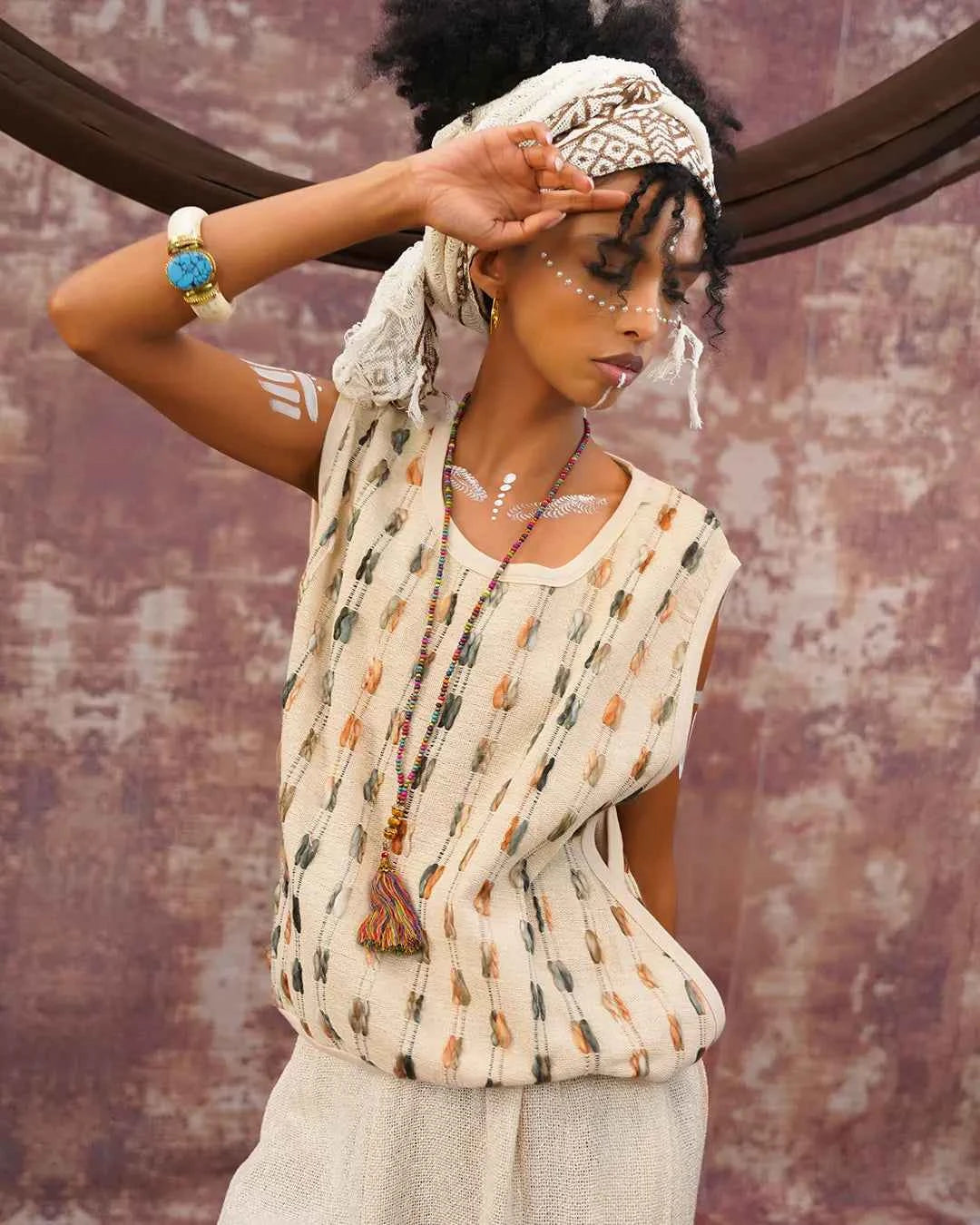 Brown Green &amp; White Stripe Metina Vest Top