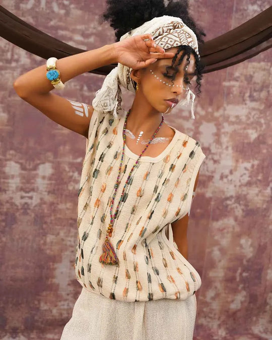 Brown Green &amp; White Stripe Metina Vest Top