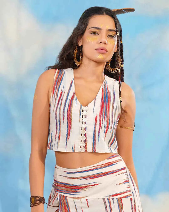 Red Blue White Stripe Button Crop Top