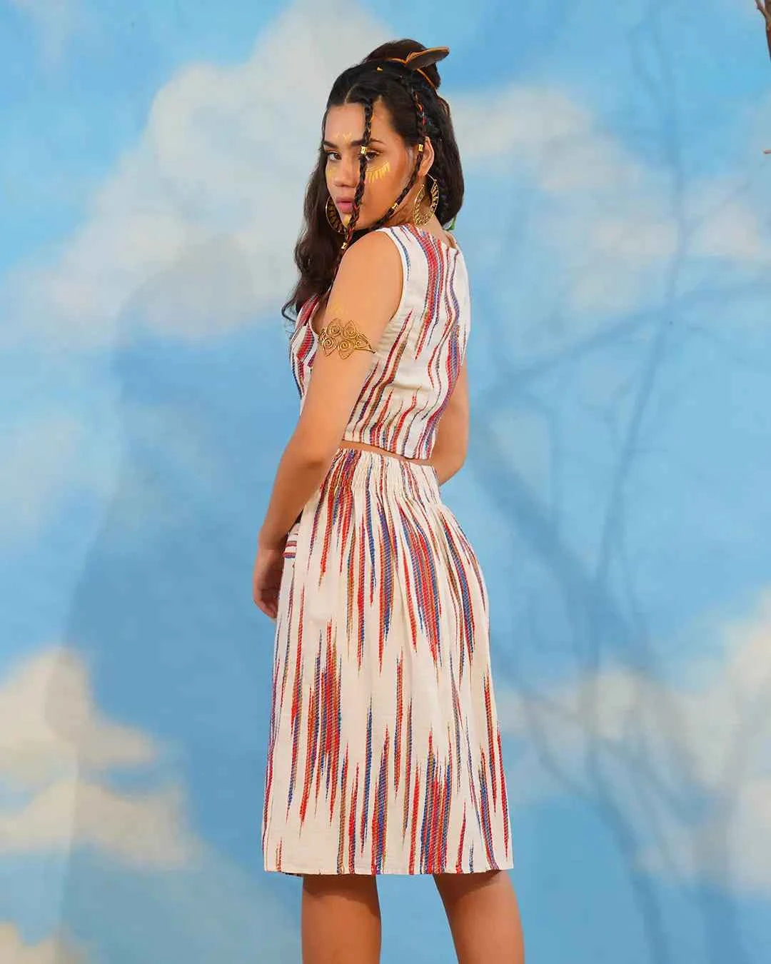 Red Blue White Stripe Button Crop Top