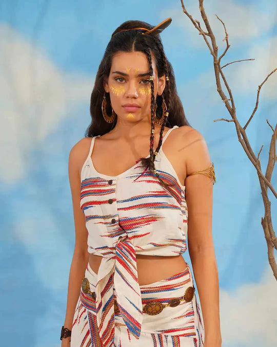 Red Blue White Stripe UV Tie-Up Crop Top