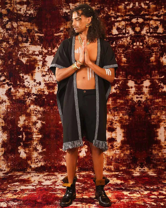 Men Black Alba Kaftan with Geometric Print Stripe Lace