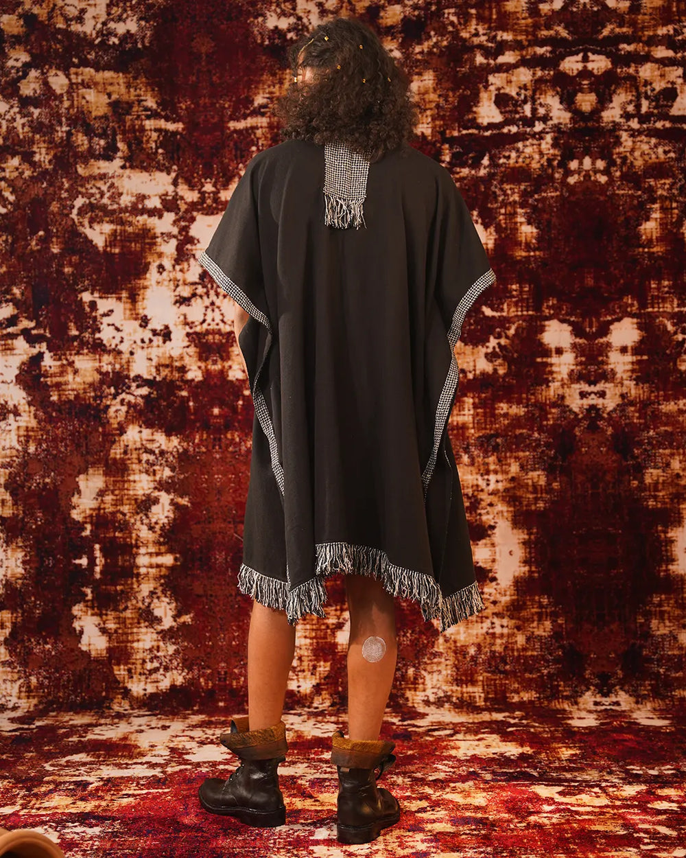 Men Black Alba Kaftan with Geometric Print Stripe Lace