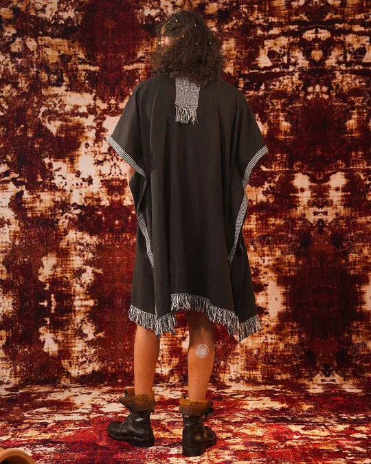 Men Black Alba Kaftan with Geometric Print Stripe Lace