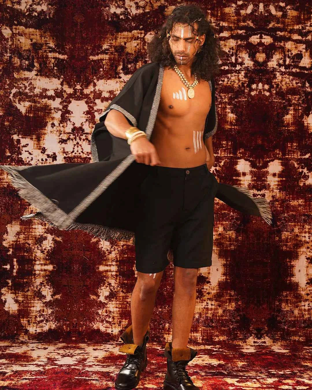 Men Black Alba Kaftan with Geometric Print Stripe Lace