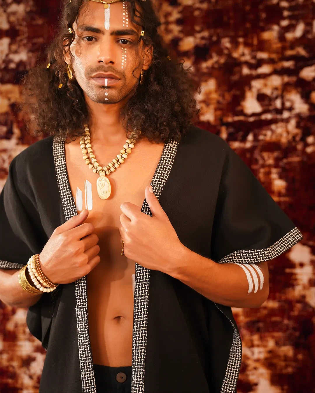 Men Black Alba Kaftan with Geometric Print Stripe Lace