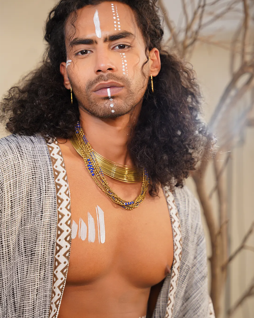 Men White &amp; Black Check Open Kaftan