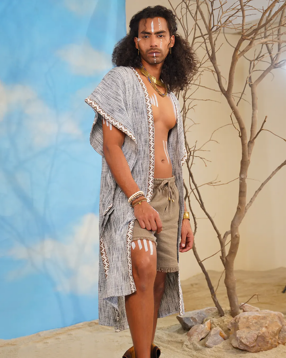 Men White & Black Check Open Kaftan