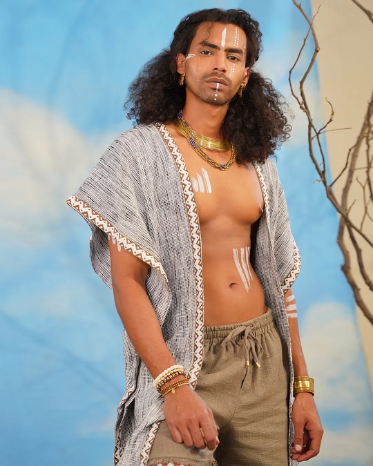 Men White &amp; Black Check Open Kaftan