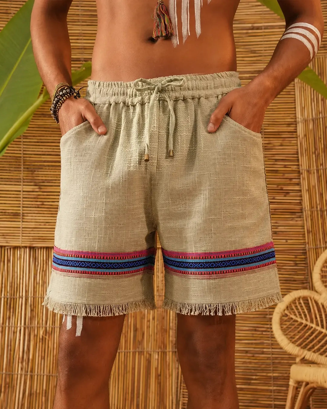 Mohri Red | Men’s Tribal Trim Jute-Cotton Shorts